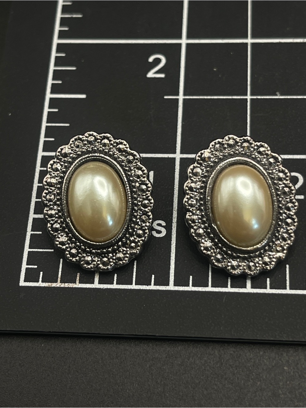 Vintage Silver Tone Faux Pearl Clip-On Earrings Oval Cabochon Victorian Style